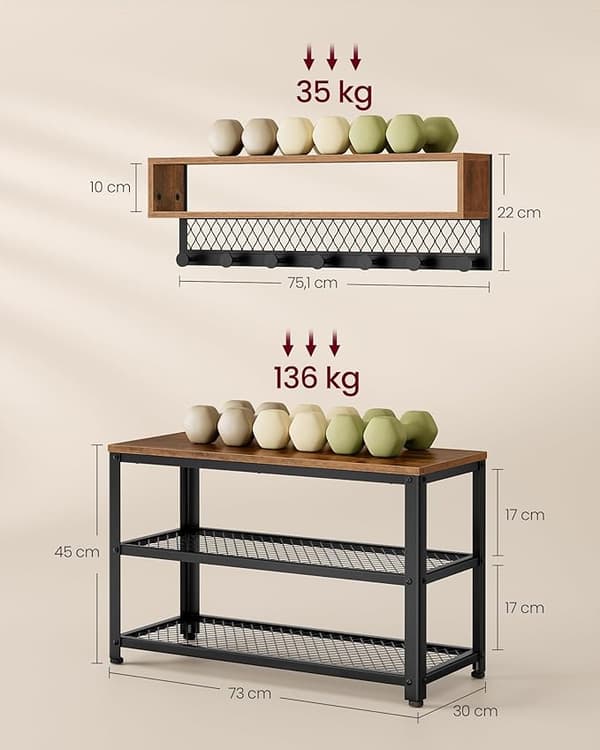 Hallmöbel Set - Hatthylla med Klädhängare, Sittbänk - Industriell Design Vintage brun