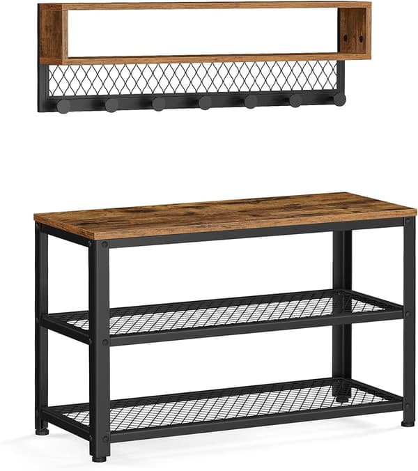 Hallmöbel Set - Hatthylla med Klädhängare, Sittbänk - Industriell Design Vintage brun