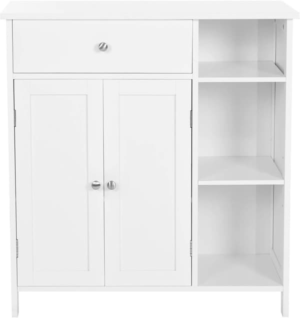 Elegant skänk i vitt med låda, skåp och tre hyllor, mått 75 x 30 x 80 cm