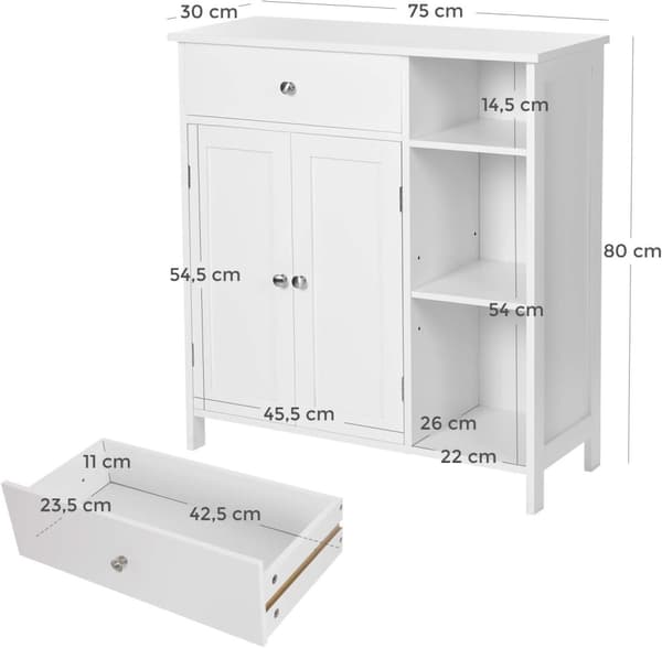 Elegant skänk i vitt med låda, skåp och tre hyllor, mått 75 x 30 x 80 cm