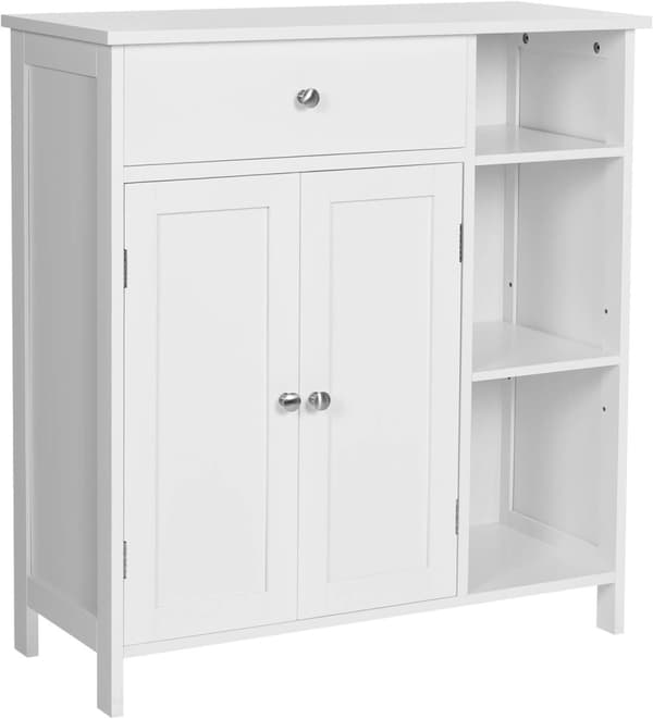 Elegant skänk i vitt med låda, skåp och tre hyllor, mått 75 x 30 x 80 cm