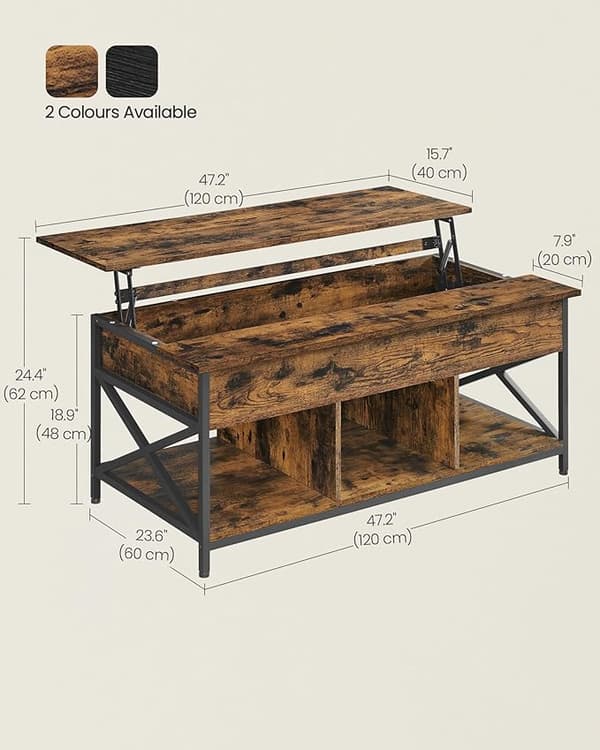 Praktiskt soffbord i vintage-brun färg med lyftbar bordsskiva och 3 förvaringsfack, mått 60 x 120 x (48-62) cm.