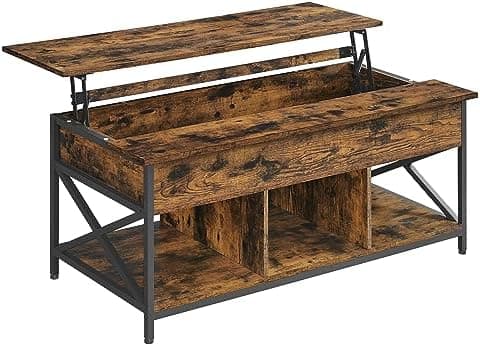 Praktiskt soffbord i vintage-brun färg med lyftbar bordsskiva och 3 förvaringsfack, mått 60 x 120 x (48-62) cm.