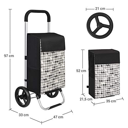 Shoppingvagn  40 L Tysta Hjul Svart - med fickor, tysta hjul och krokar, 33 x 47 x 97 cm, med krantredsmönster