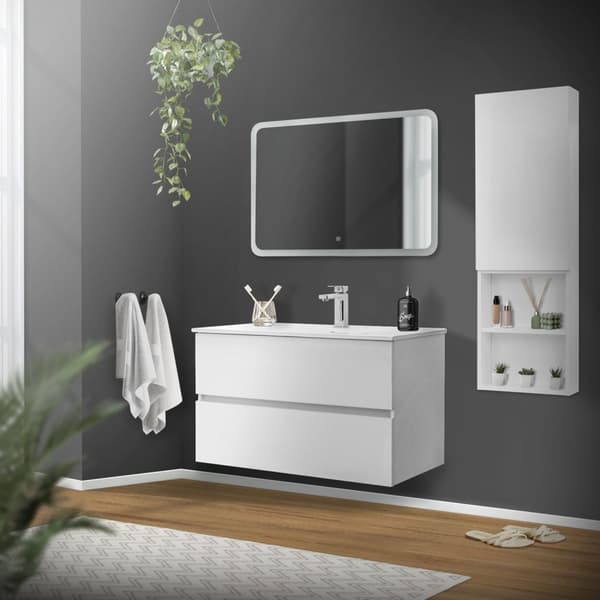 Højskab til badeværelse med dør og åbne rum Hvid 110 cm højt Overskab med 4 hylder ML-Design