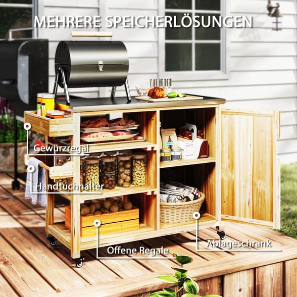 Barbecue Trolley, 6-Etagen, 134,5x50x91,5 cm, Naturligt Træ
