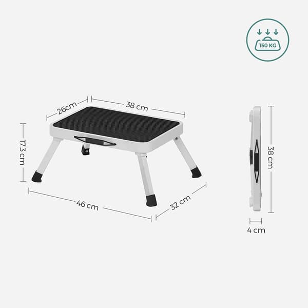Praktisk stegpall med maxbelastning 150 kg, i vit färg och mått 26,5 x 37,5 x 17,5 cm.