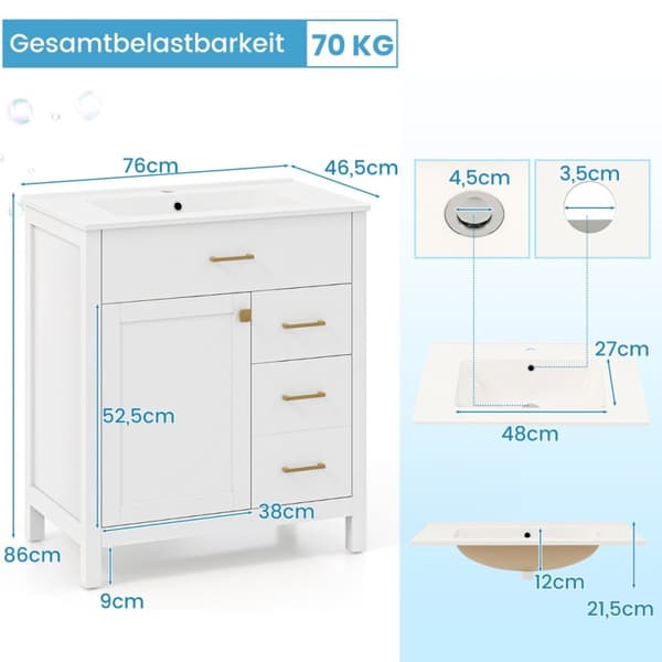 Badeværelse Vaskemøbel, 76x46.5x86 cm, Hvid og Guld