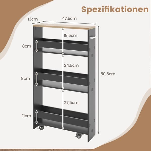 Køkkenvogn, 48x13x81 cm, Grå + Natur