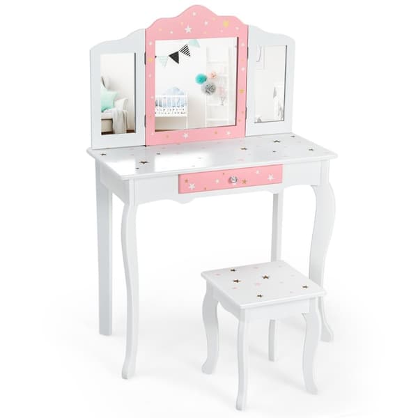 Barn Sminkbord och Pall Set, 70x34x104.5 cm, Vit och Rosa