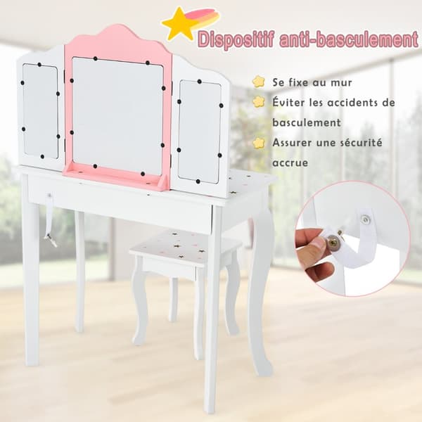 Barn Sminkbord och Pall Set, 70x34x104.5 cm, Vit och Rosa