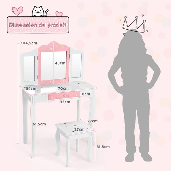 Barn Sminkbord och Pall Set, 70x34x104.5 cm, Vit och Rosa