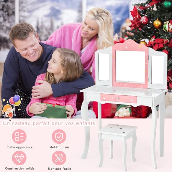 Barn Sminkbord och Pall Set, 70x34x104.5 cm, Vit och Rosa