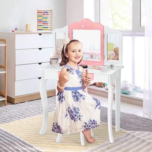 Barn Sminkbord och Pall Set, 70x34x104.5 cm, Vit och Rosa