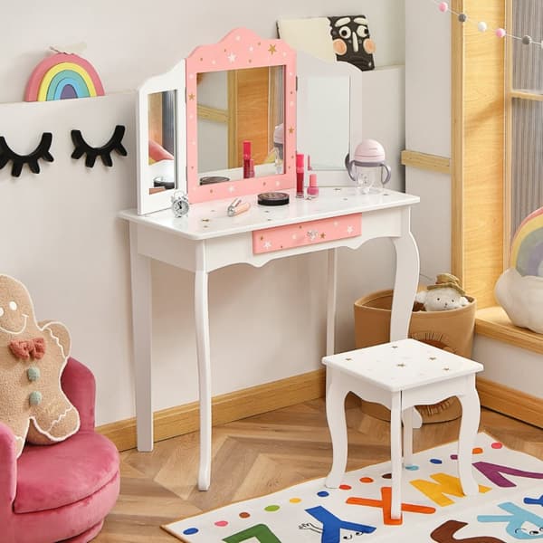 Barn Sminkbord och Pall Set, 70x34x104.5 cm, Vit och Rosa