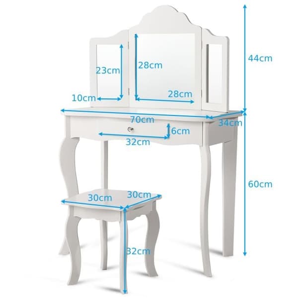 Sminkbord Set, 70x34x104 cm, Vit