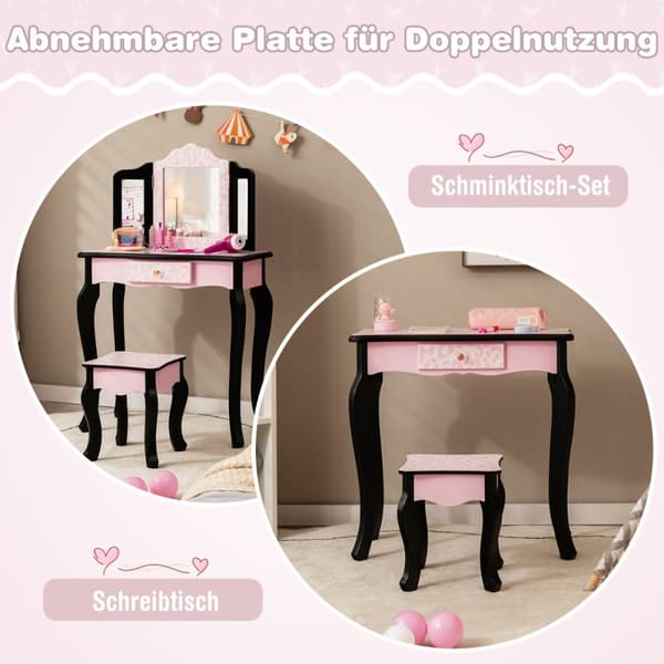 Børns makeupbord med taburet og spejl, 60x27.5x97.5 cm, pink og sort