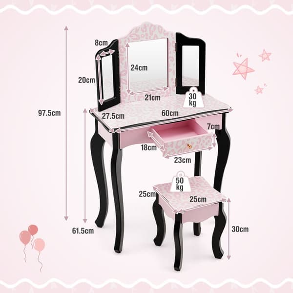 Børns makeupbord med taburet og spejl, 60x27.5x97.5 cm, pink og sort