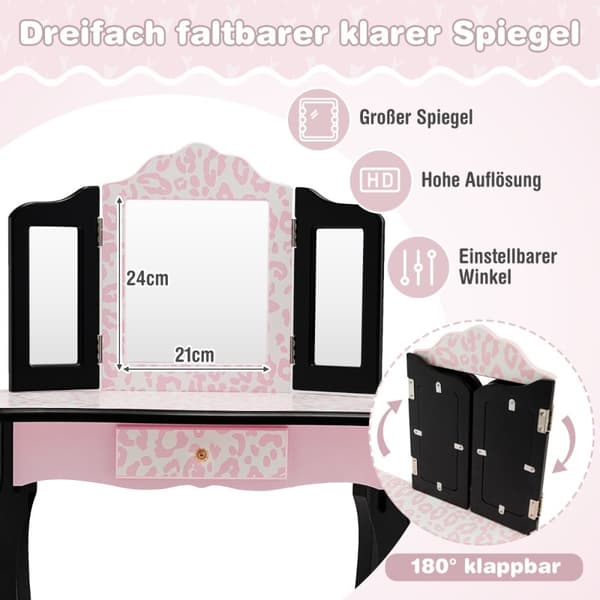 Børns makeupbord med taburet og spejl, 60x27.5x97.5 cm, pink og sort