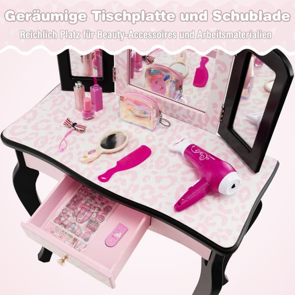 Børns makeupbord med taburet og spejl, 60x27.5x97.5 cm, pink og sort