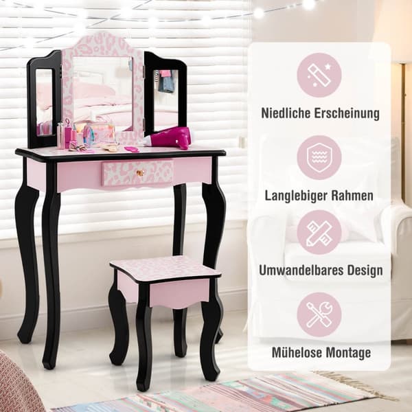Børns makeupbord med taburet og spejl, 60x27.5x97.5 cm, pink og sort