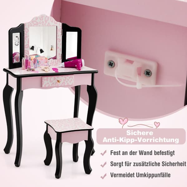 Børns makeupbord med taburet og spejl, 60x27.5x97.5 cm, pink og sort