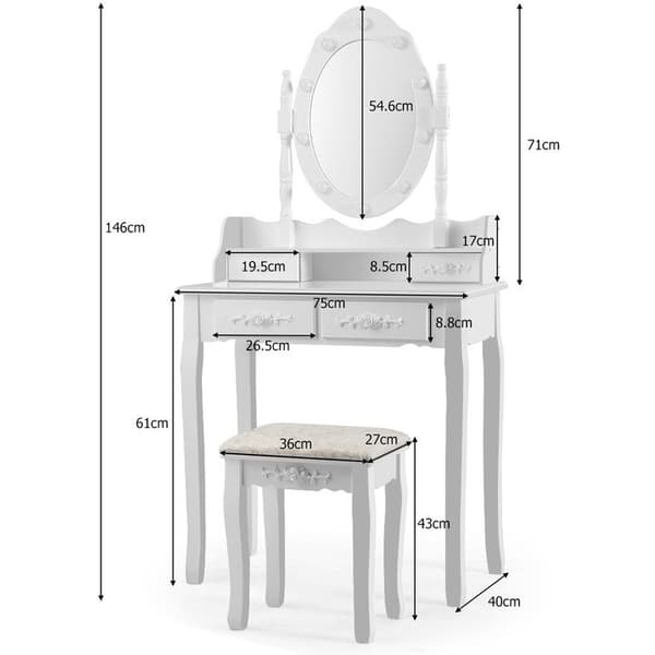 Sminkebord med LED-spejl og taburet, 36x27x43 cm
