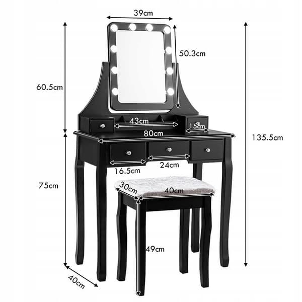 Sminkebord med LED-spejl og taburet, 40x30x49 cm