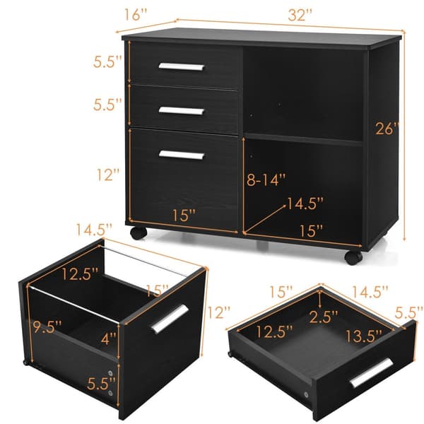 Arkivskab, 3-skuffe Mobil Lateralt Arkivskab Printerstativ, 81x41x66 cm, Sort