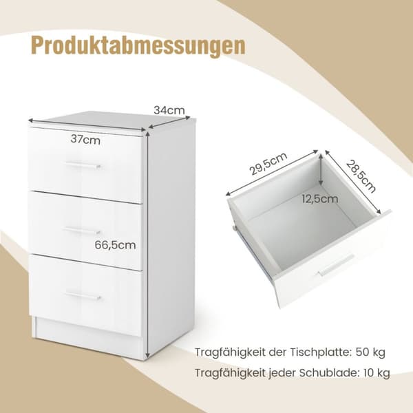 Natborde, Sæt af 2 natborde med 3 skuffer, 37.1x34.2x66.5 cm, Hvid