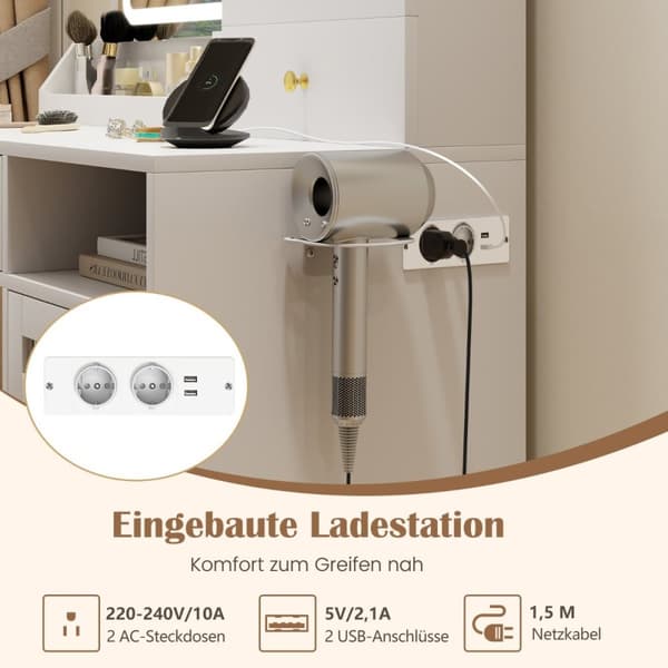 Sminkebord, 96x39x135.5 cm, Hvid + Guld