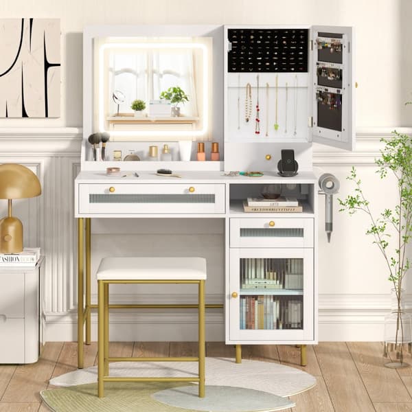 Sminkebord, 96x39x135.5 cm, Hvid + Guld