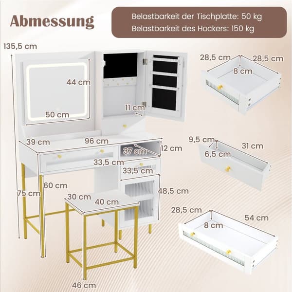 Sminkebord, 96x39x135.5 cm, Hvid + Guld