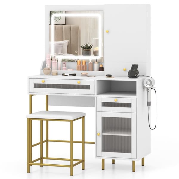 Sminkebord, 96x39x135.5 cm, Hvid + Guld