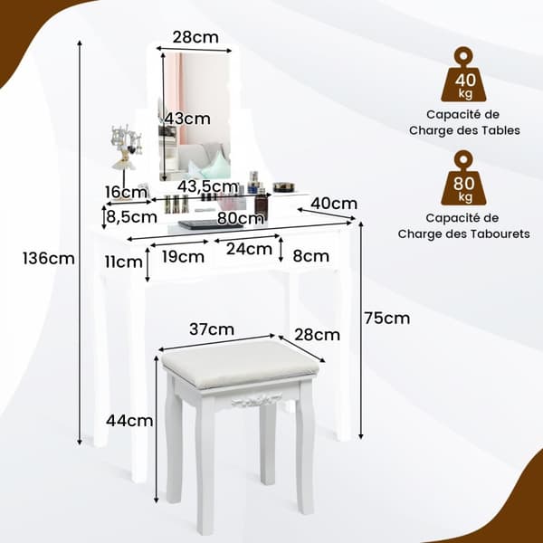 Makeupbord, 80x40x136 cm, Hvid