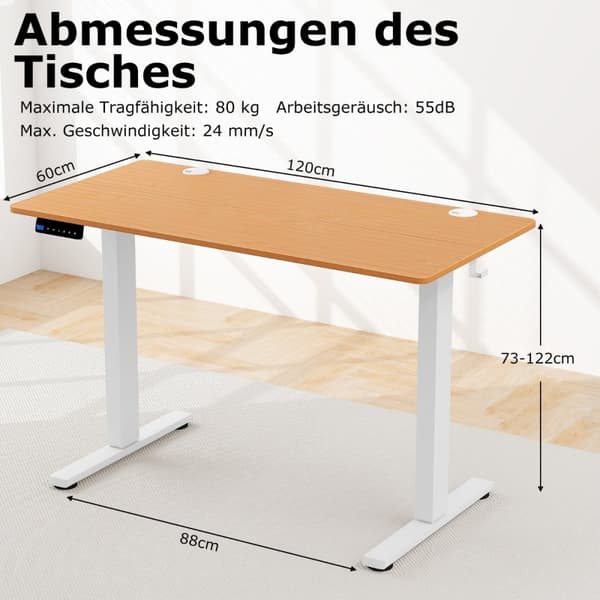 Höj- och sänkbart skrivbord, 120x60x73-122 cm, Rustik Brun, Vit