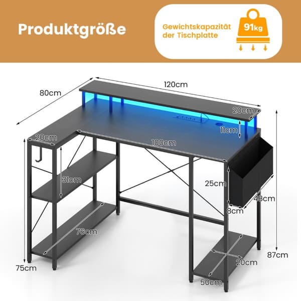 L-formet skrivebord, 120x80x87 cm, Sort