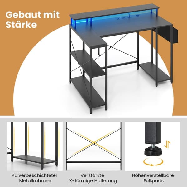L-formet skrivebord, 120x80x87 cm, Sort
