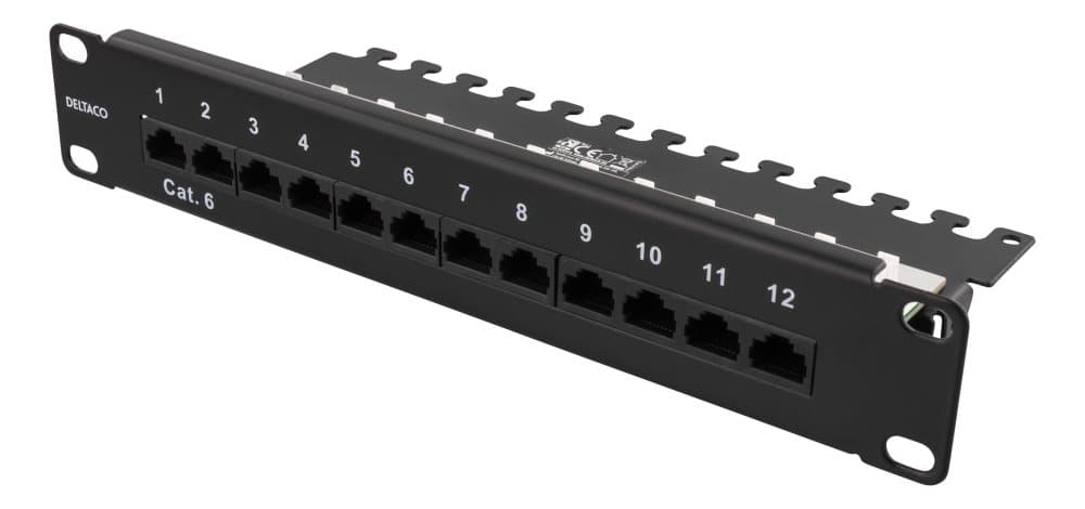DELTACO 10" patchpanel, 12xRJ45, Cat6, 1U, Krone LSA, oskärmad, metall