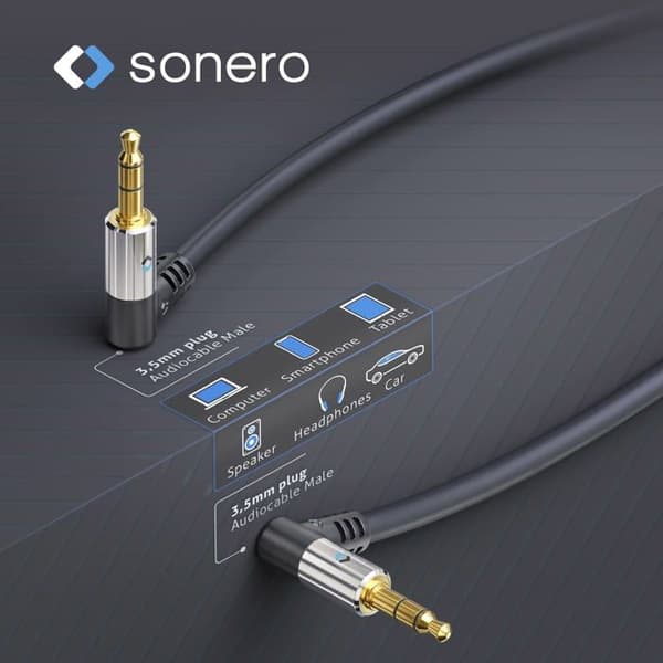 Sonero - S-AC520-005 - (R) premium ljudkabel med 2x 90 kontakter, 3,5 mm uttag, 0,50 m, guldplåtskontakter, svart