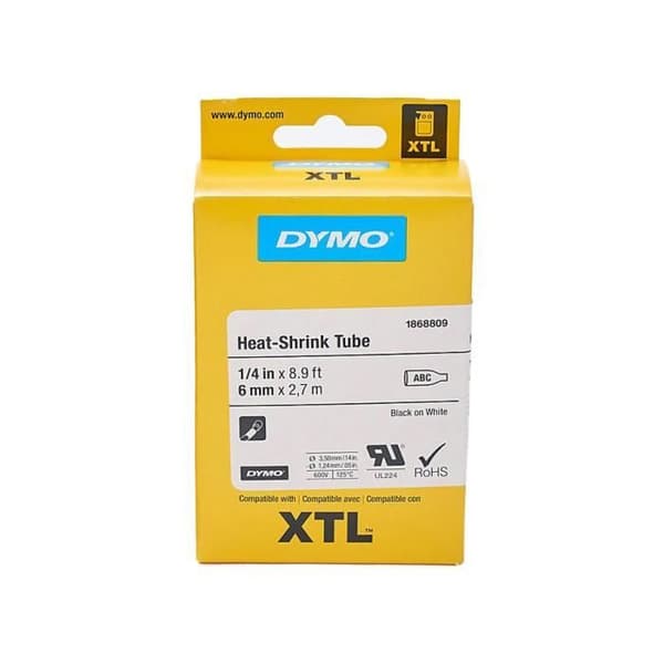 Värmekrympetiketter - DYMO - XTL - 6 mm x 2,9 m - Svart på vitt - 3:1