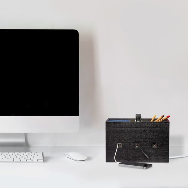 Relaxdays Bamboo Cable Box, Kompakt, Universal, Praktisk, Office Cable Organizer HxBxD: 16,5x25,5x14cm, Svart