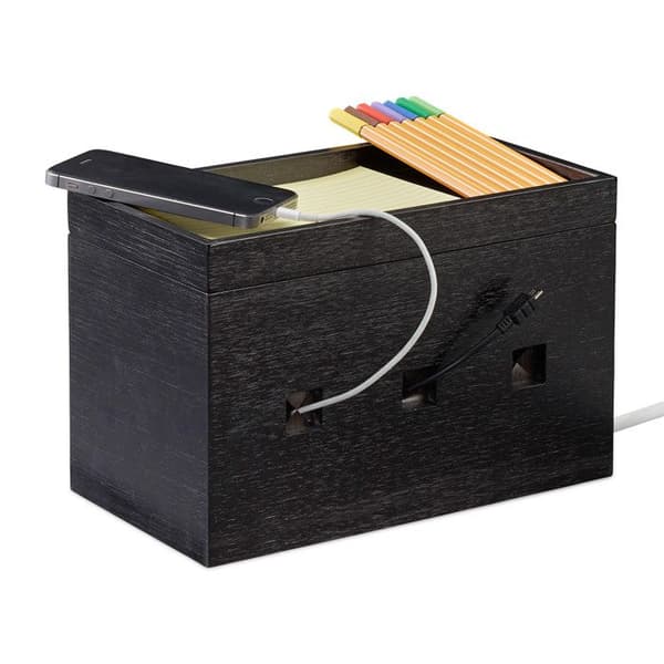 Relaxdays Bamboo Cable Box, Kompakt, Universal, Praktisk, Office Cable Organizer HxBxD: 16,5x25,5x14cm, Svart