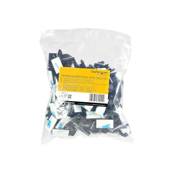 StarTech.com 100-pack svart självhäftande kabelhanteringsklämmor - Nätverk/Ethernet/Skrivbord/datorsladdorganisering -