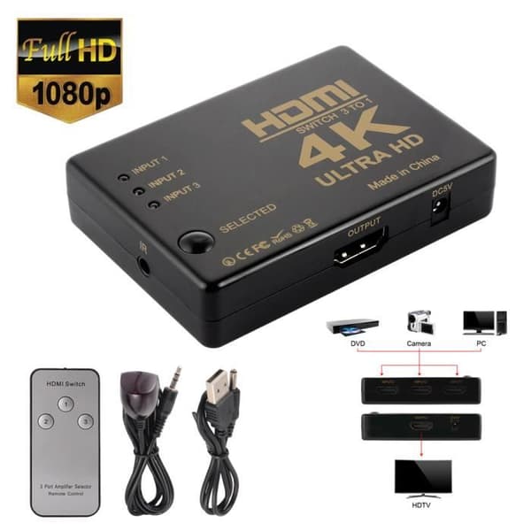 XCSOURCE Smart Ultra HD 3-ports HDMI Switcher 4K x 2K ingångar, 1 utgång 3D-kompatibel hållare för splitterfäste a