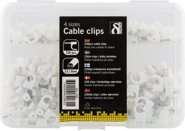 Cable clamps in plastic with steel nails, 4 sizes, 230-pack