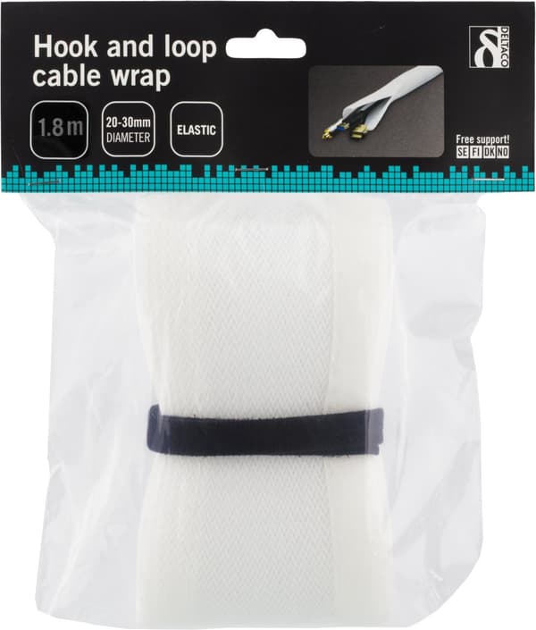 Nylon cable wrap, hook and loop fastener, 1.8m, white