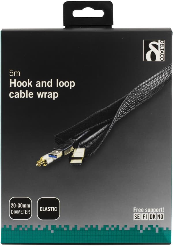 Nylon cable wrap, hook and loop fastener, 5m, black