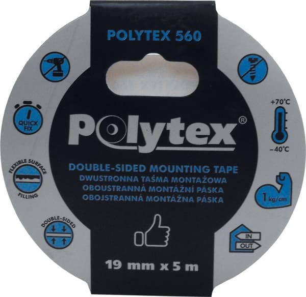 Polytex 560 dobbeltklæbende hvid monteringstape, 19 mm x 1,1 mm x 5 m