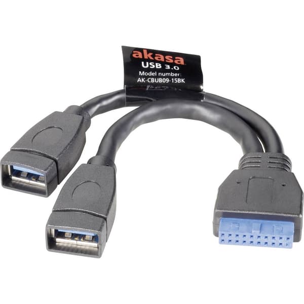 Akasa USB-kabel USB 3.2 Gen1 (USB 3.0) Benkontakt 19-polig , USB-A uttag 0.15 m Svart guldpläterad kontakt, UL-certifie